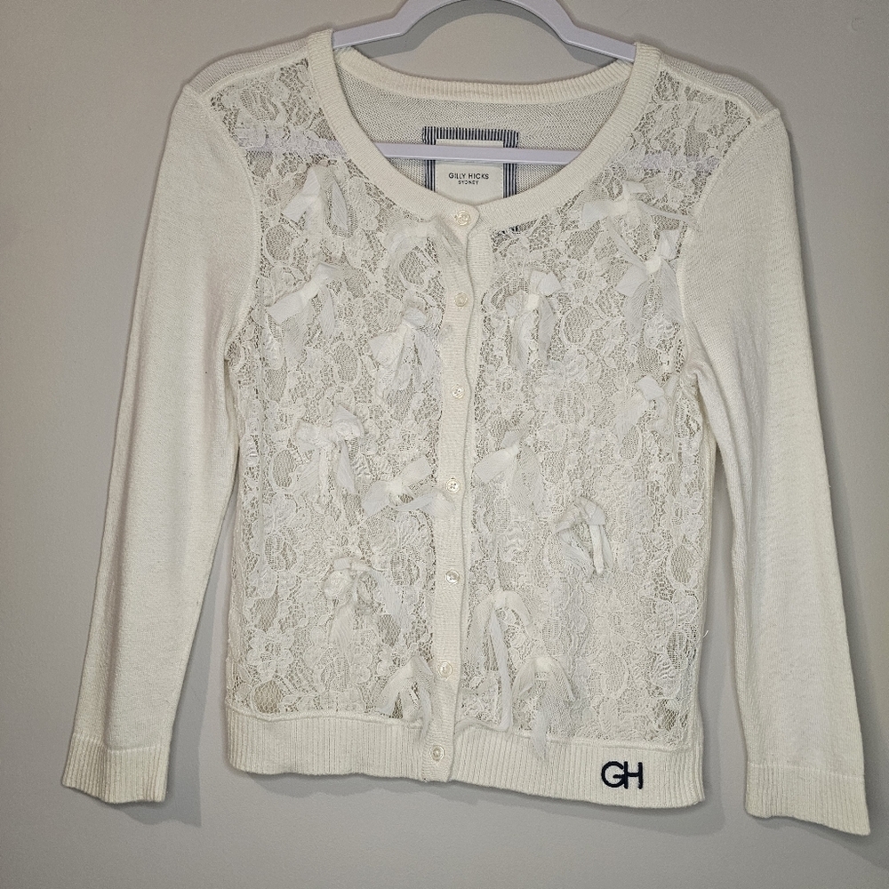 Gilly Hicks White Bow Lace Cardigan Soft Girl FairyCottage Core Preppy Old Money